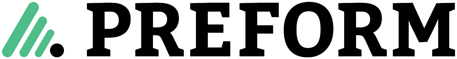 Das Wort „Preform“ ist in Schwarz und Grün auf weißem Hintergrund geschrieben.