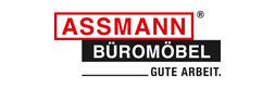 A red and black logo for assmann büromöbel gute arbeit