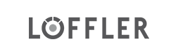 Ein schwarz-weißes Logo für Loffler auf weißem Hintergrund.