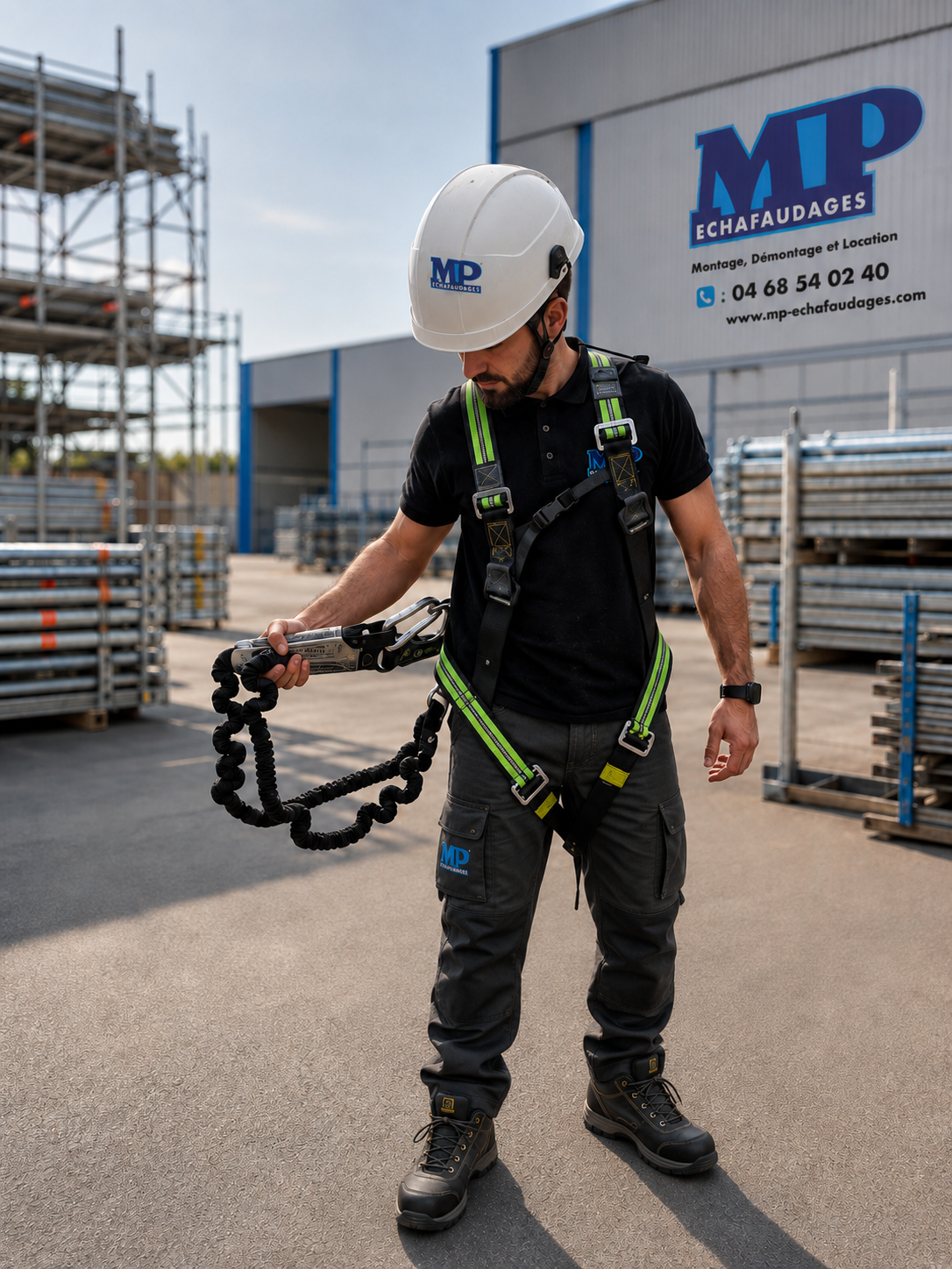 Un homme de dos portant un gilet jaune et un casque de chantier blanc au milieu d'échafaudages