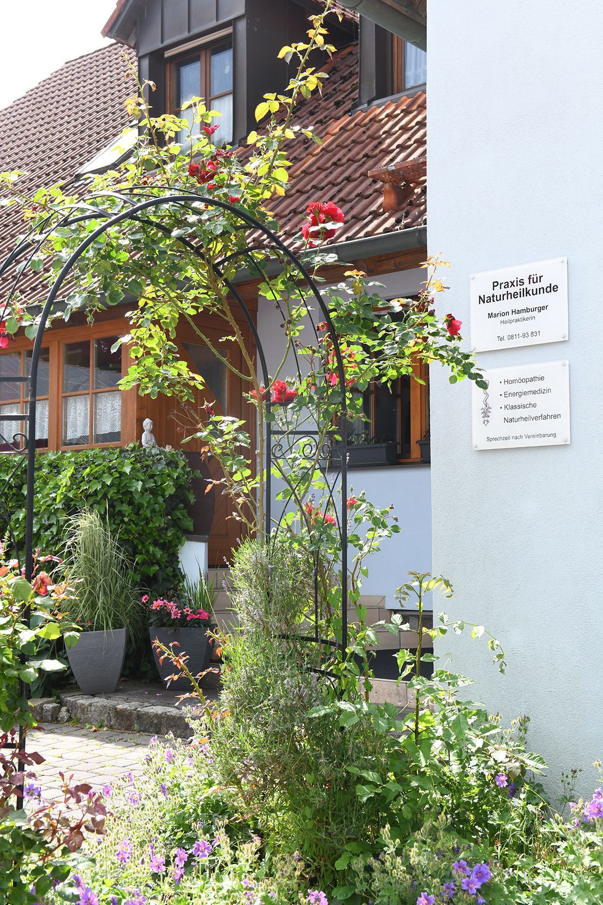 Verschiedene Fläschchen mit ätherischen Ölen, frische Kräuter, Mörser