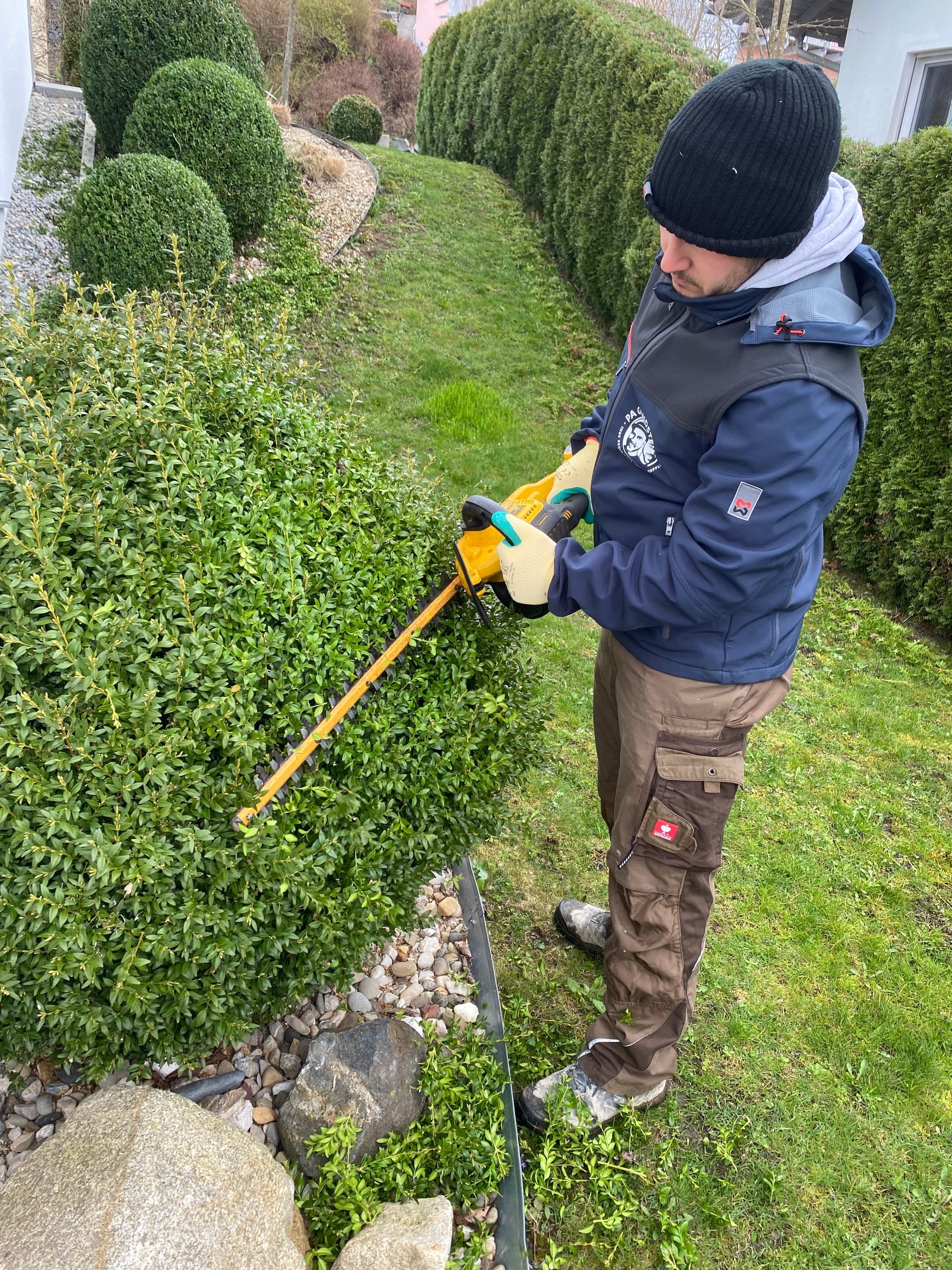 Ein Gärtner im orangefarbenen Hemd schneidet mit einem Elektrowerkzeug eine Hecke neben einem Rasen.