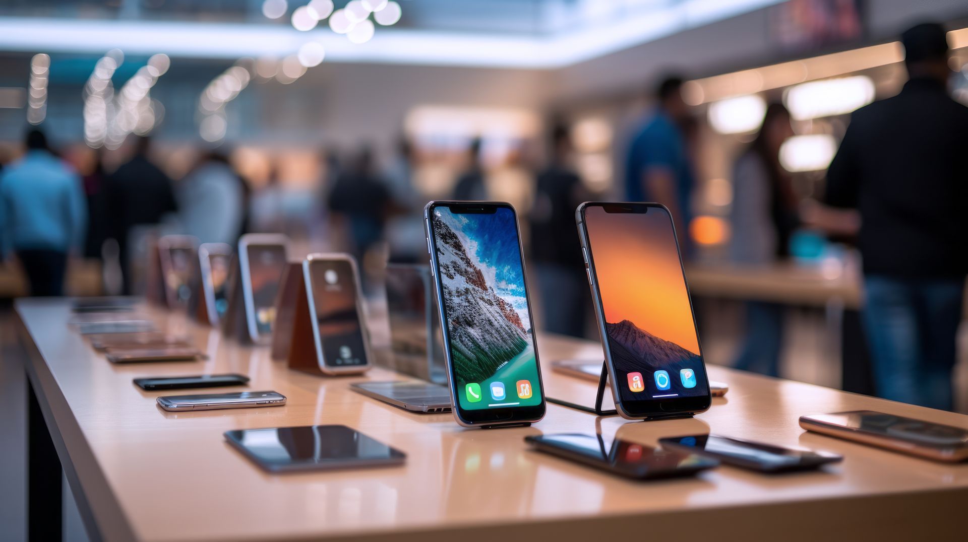 Présentoir avec des Smartphones allumés dans un magasin