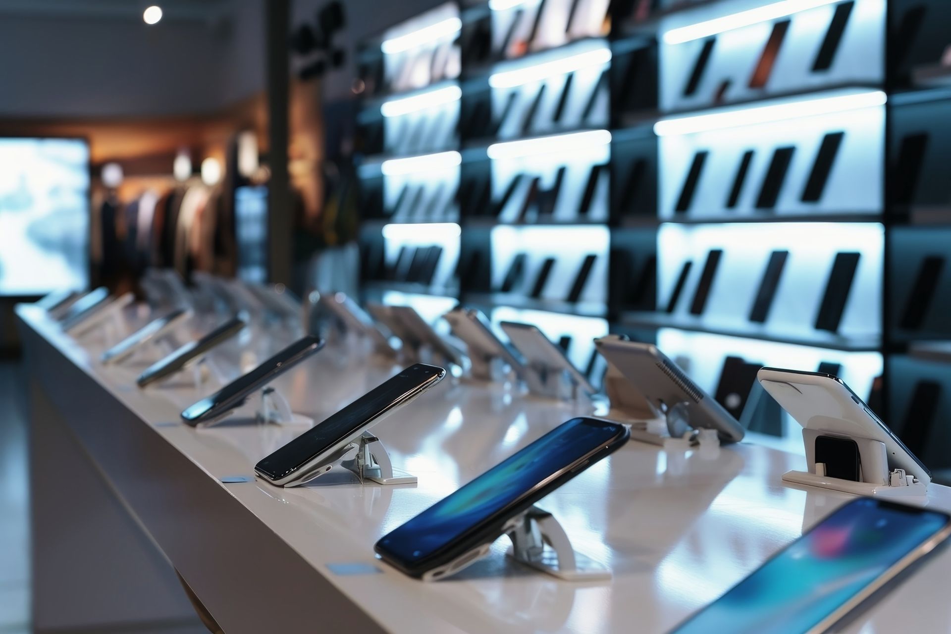 Présentoir avec différents portables dans un magasin Stuff