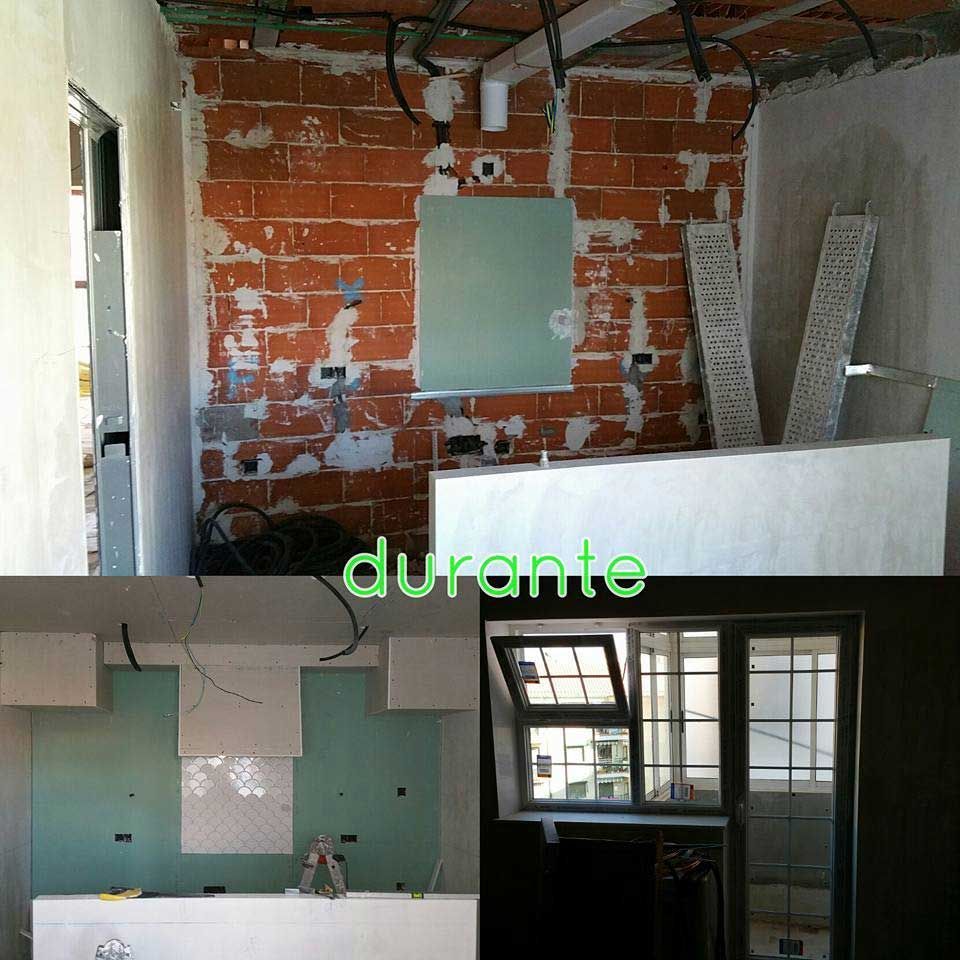 Un collage de imágenes de una habitación con la palabra durante en verde.