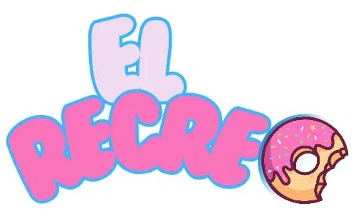 Texto "El Recreo" en color rosa y azul con una dona de dibujos animados.