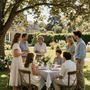 Personas reunidas alrededor de una mesa cubierta con un mantel blanco en un jardín soleado, compartiendo una comida al aire libre.