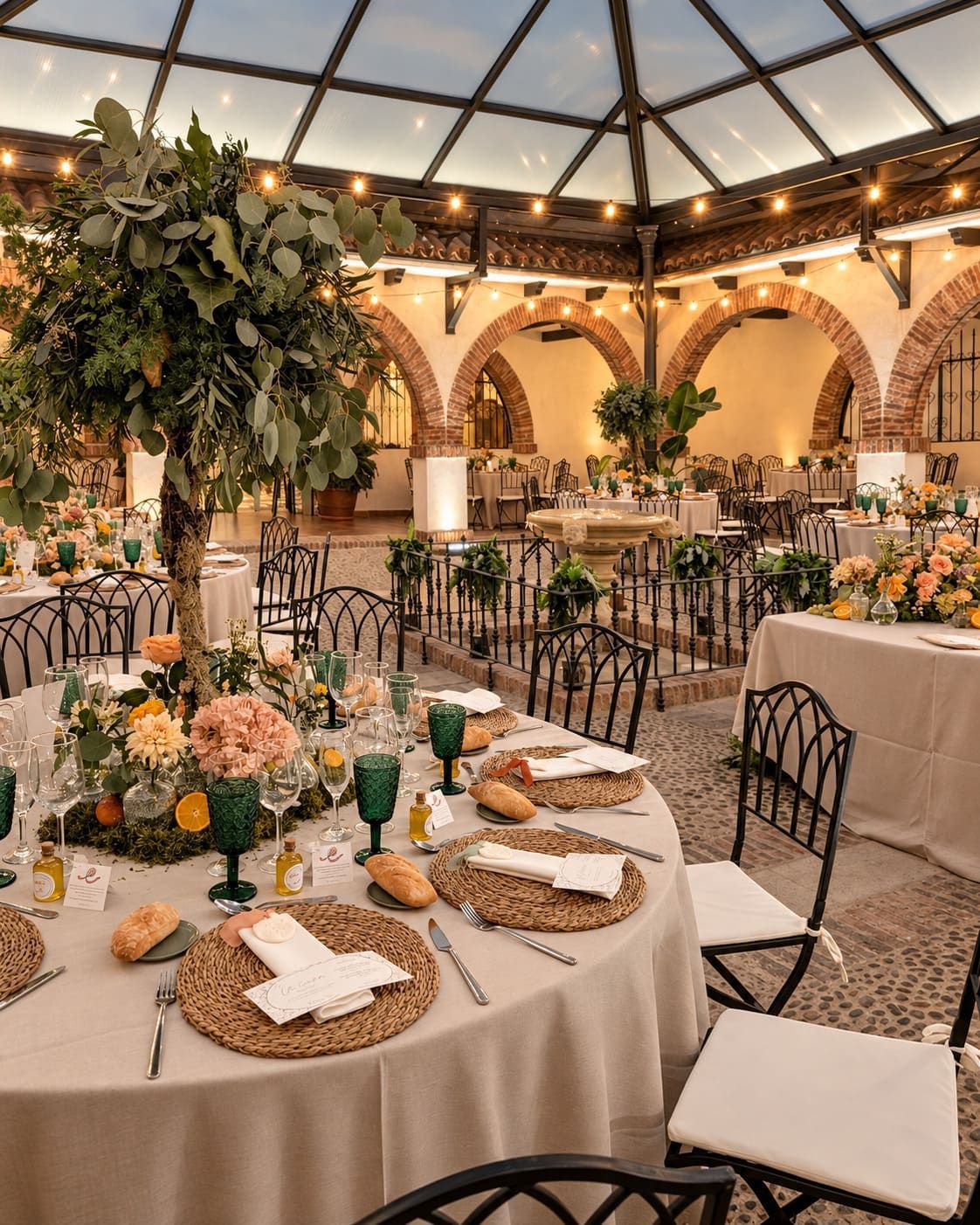 Elegante salón de banquetes con mesas redondas decoradas con flores bajo un techo de cristal y cálidas guirnaldas de luces