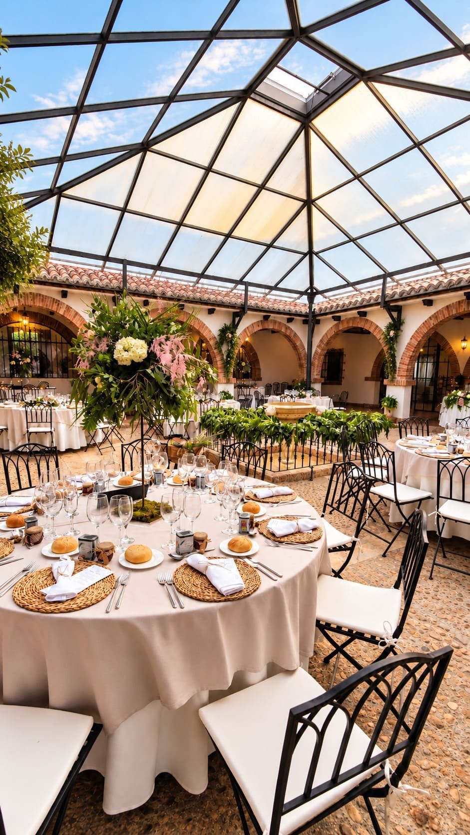 Elegante montaje para una recepción de boda al aire libre bajo un atrio de cristal, con mesas redondas, manteles blancos y centros de mesa florales