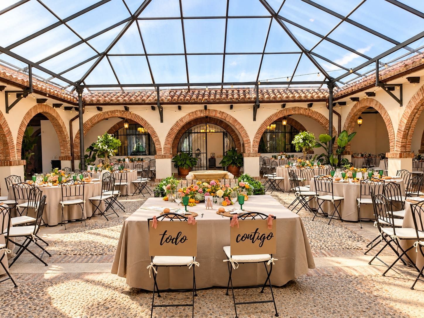 Elegante restaurante al aire libre en un patio, con mesas preparadas bajo un pabellón arqueado con techo de cristal