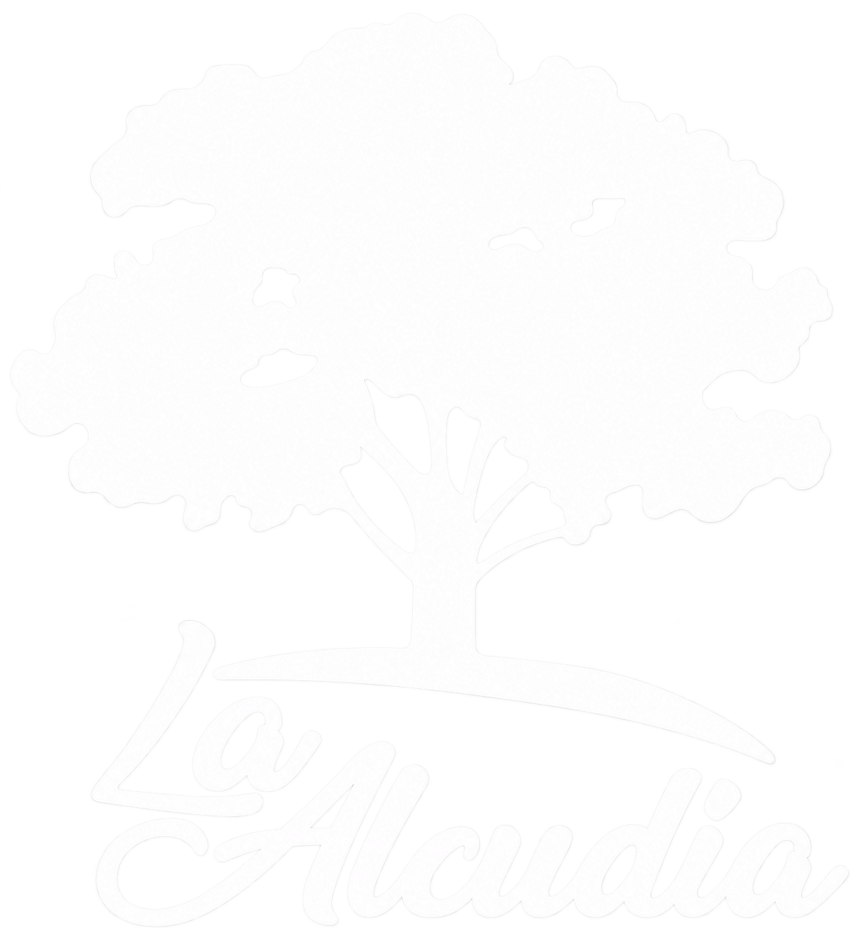 Logotipo blanco de un árbol con las palabras «La Alcudia» sobre un fondo negro