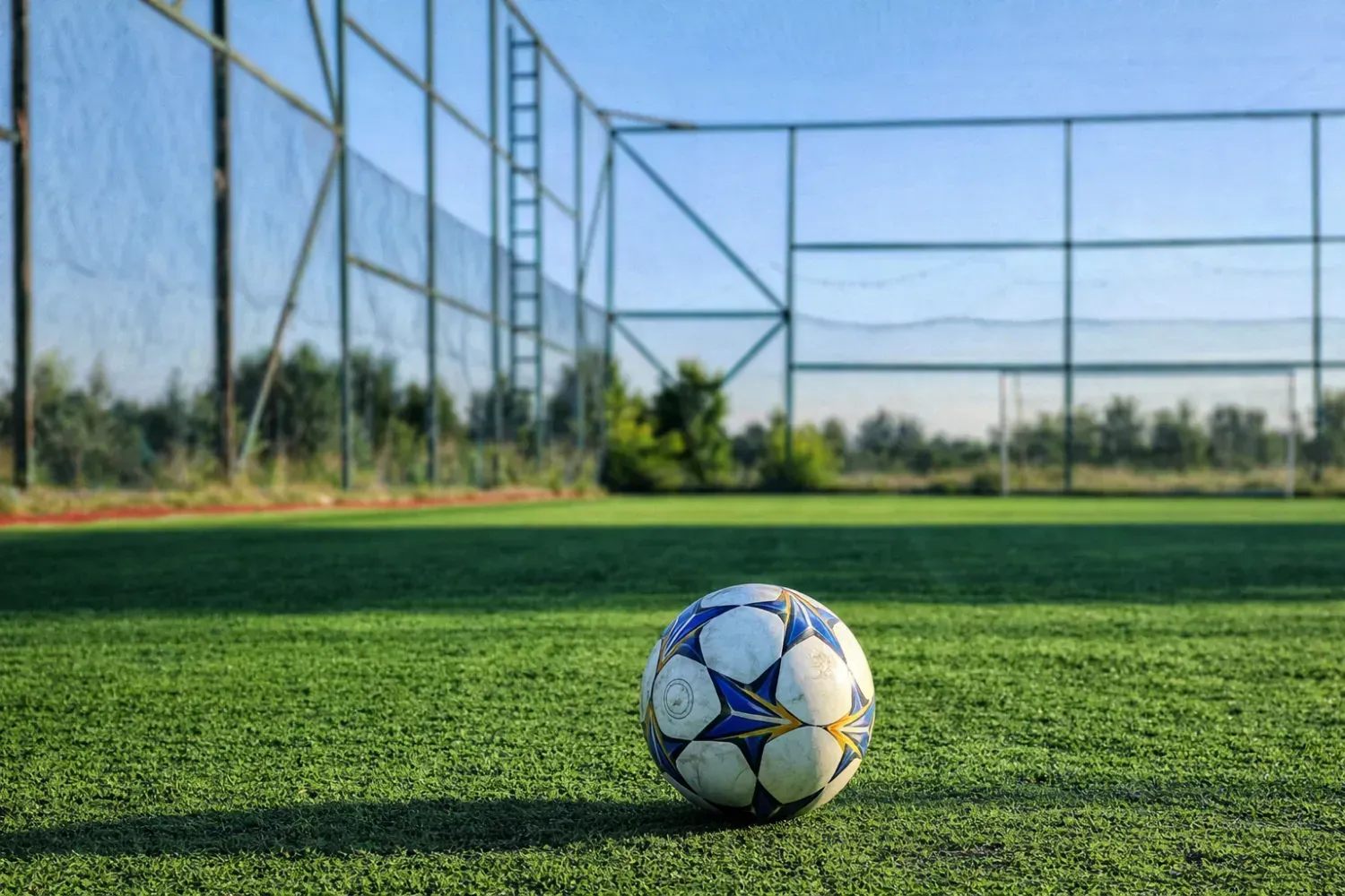 Un balón de fútbol con dibujos de estrellas azules y blancas reposa sobre un campo de césped artificial
