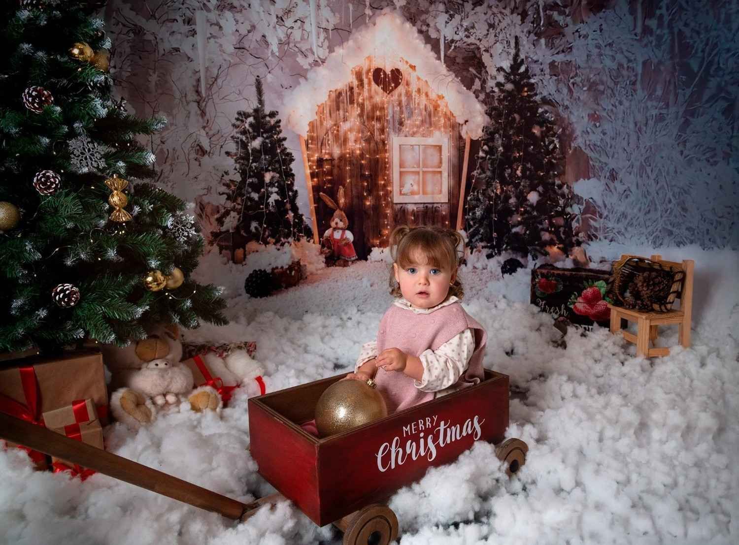 Bebé en un carrito rojo de Navidad en medio de la nieve, con un árbol decorado y un acogedor fondo navideño.
