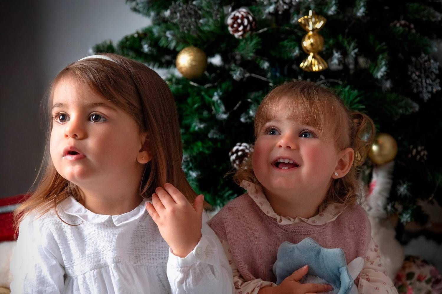 Dos niños sentados junto a un árbol de Navidad decorado, mirando hacia un lado.
