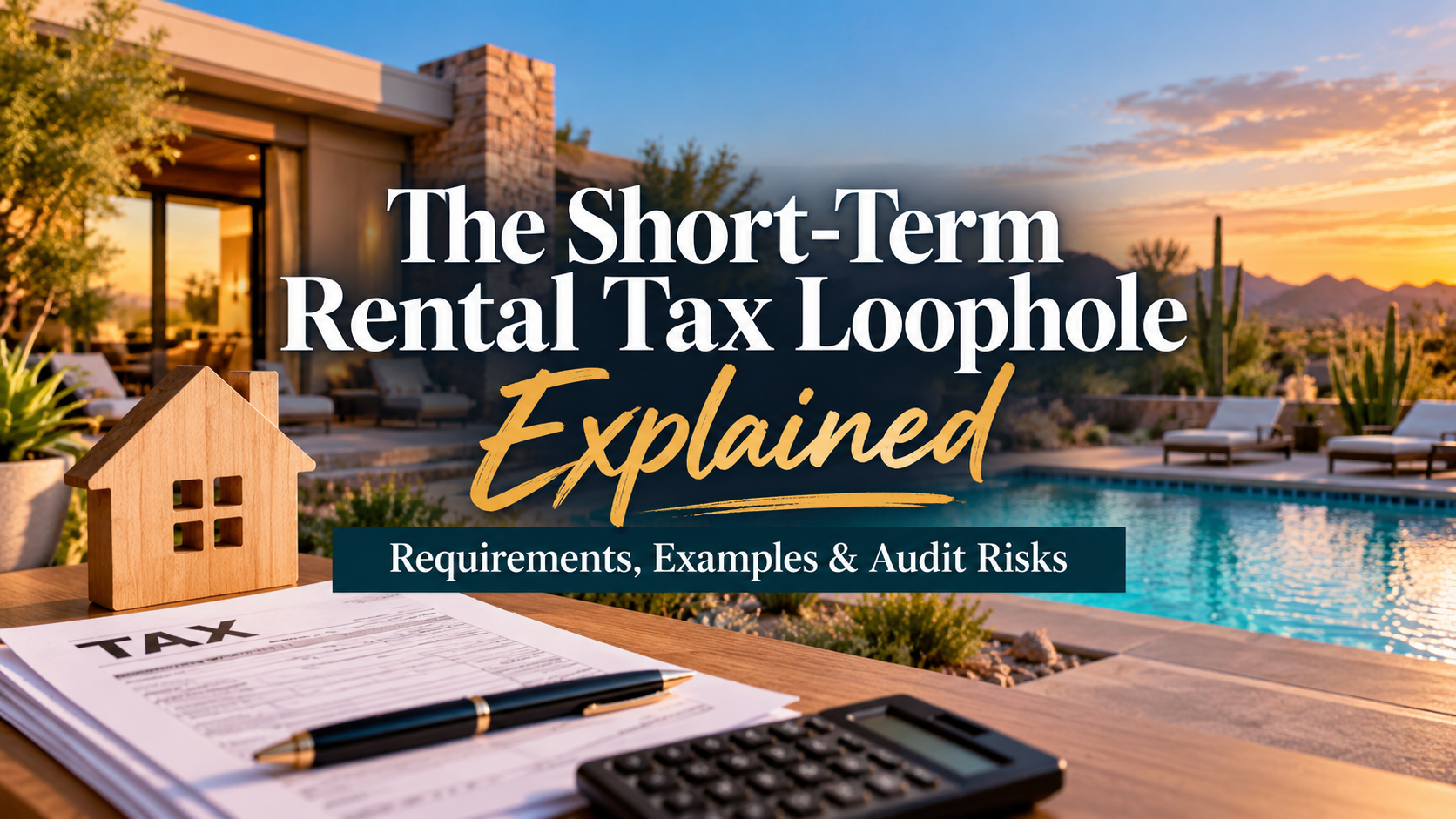 Graphic of a tax booklet and calculator by a pool at sunset with title “The Short-Term Rental Tax Loophole Explained”
