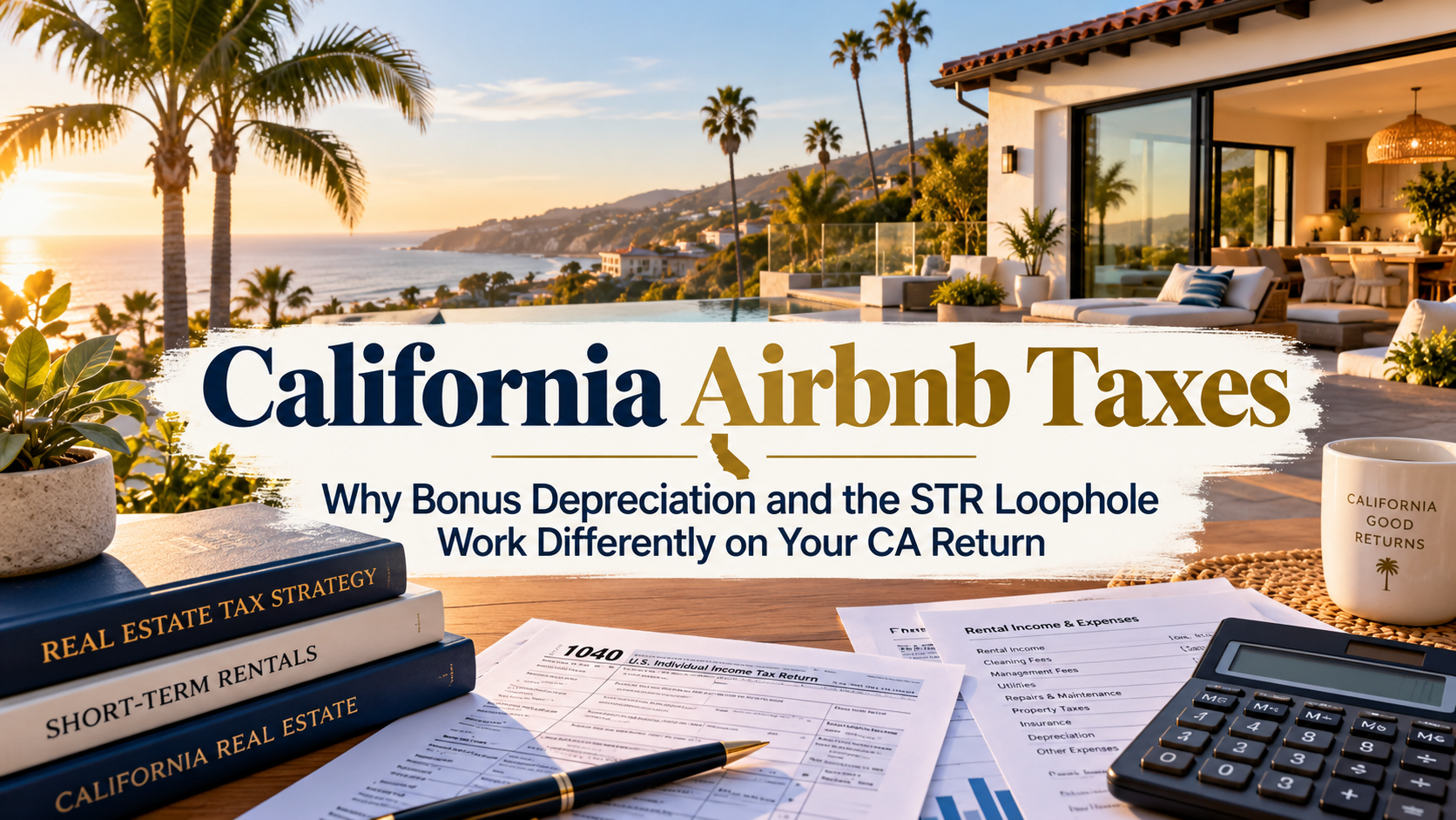 California Airbnb taxes banner with beach house, palm trees, paperwork, laptop, and calculator at sunset