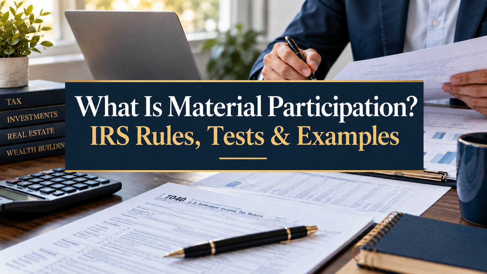 Desk with papers and calculator under title “What Is Material Participation? IRS Rules, Tests & Examples”