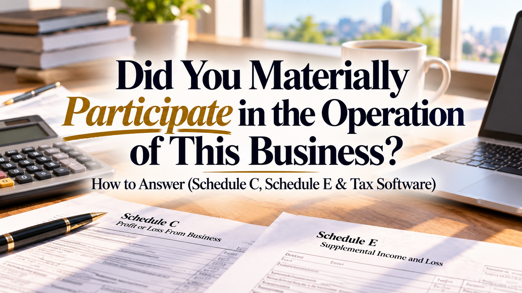 Question about material participation in a business, with tax forms and pens on a desk.