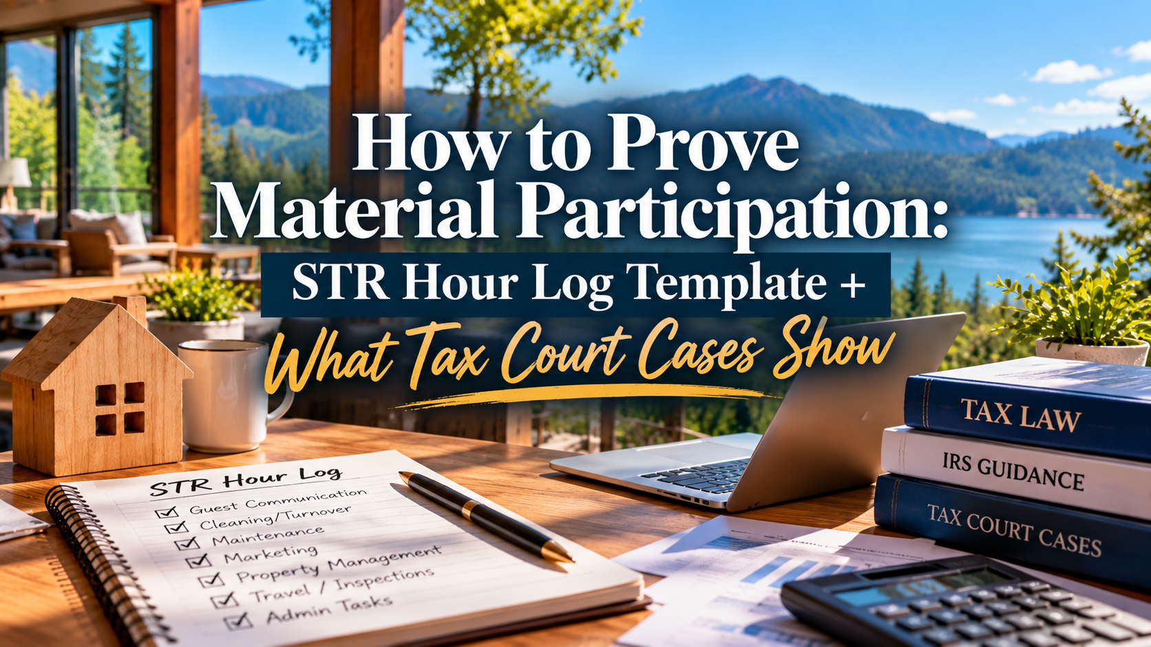 Tax law study desk with notebook, books, and mountain view; text asks how to prove material participation for STR taxes