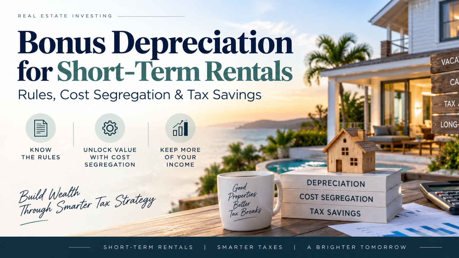 Banner about bonus depreciation for short-term rentals, with a beach house and tax savings icons.