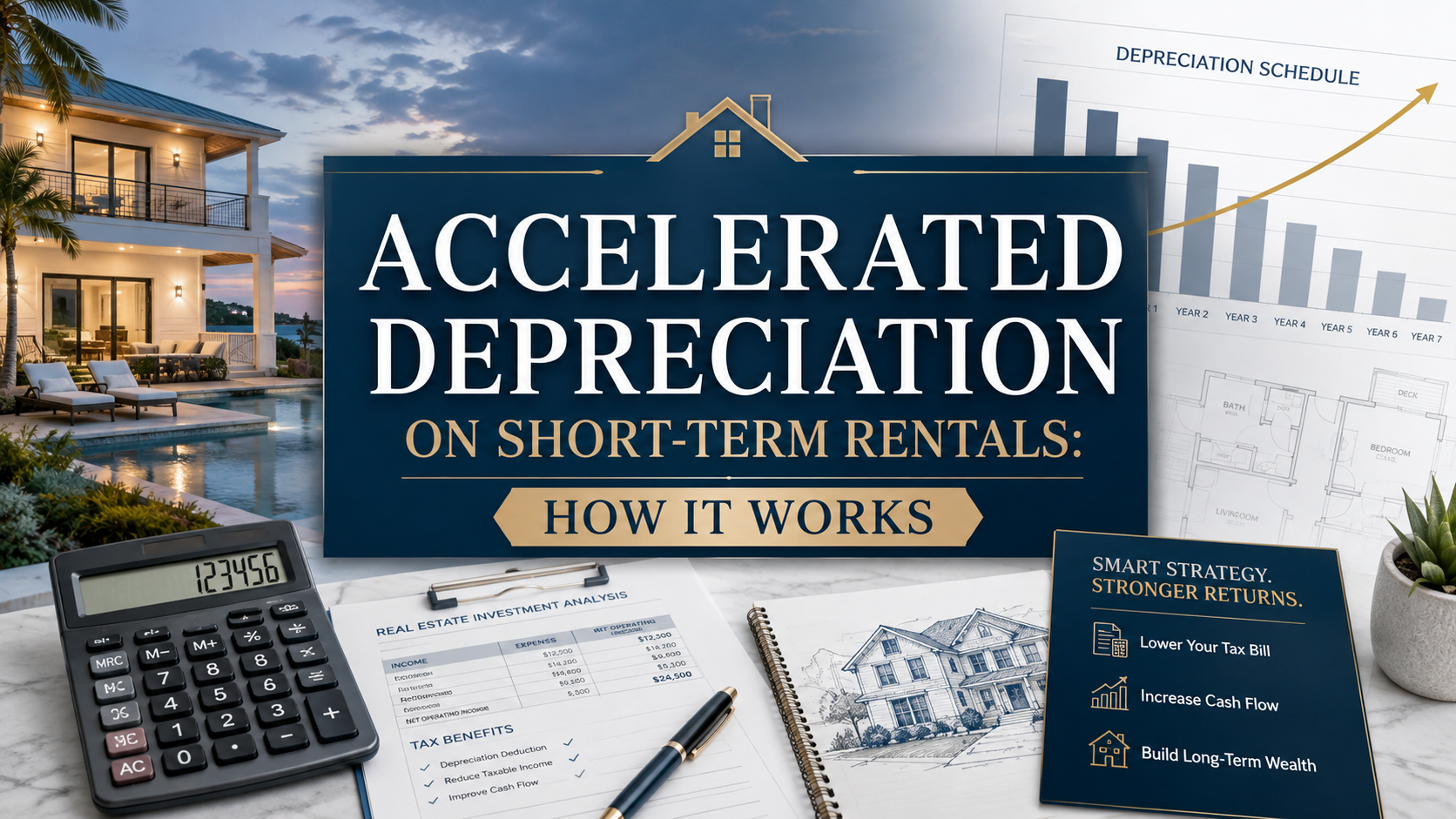 Promo graphic for accelerated depreciation on short-term rentals with calculator, papers, and house photos