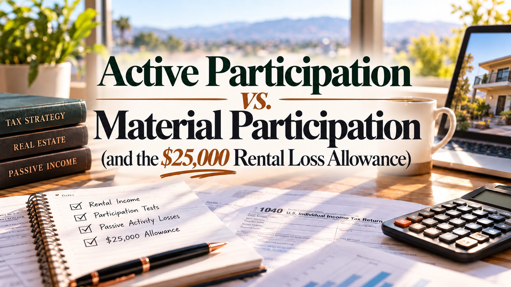 Active participation vs. material participation tax graphic over desk, calculator, and city window view