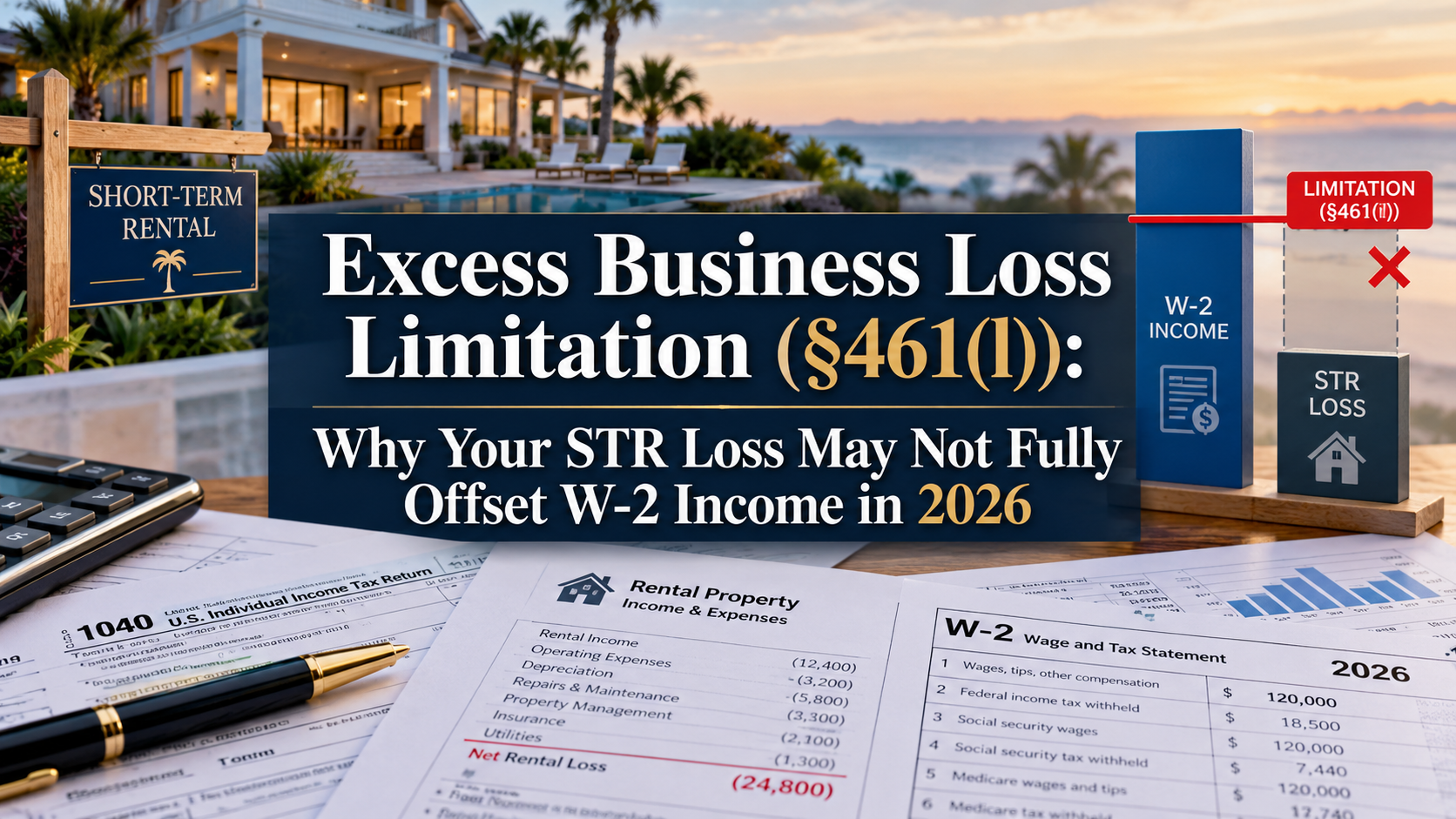 Blue tax graphic: “Excess Business Loss Limitation ($461K+)” with STR and W-2 income text over beach scene