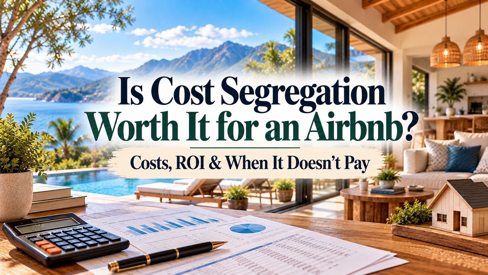 Mooring a coastal Airbnb tax article header with notebook, calculator, and scenic lake view; text: “Is Cost Segregation Worth It for an Airbnb?”