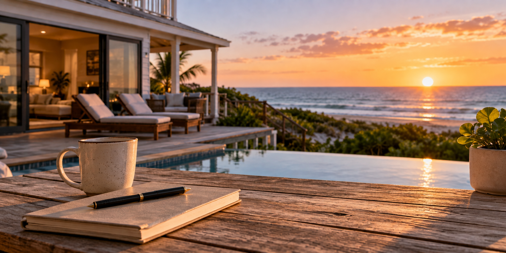 Sunlit patio with coffee mug and notebook overlooking an infinity pool and ocean sunset