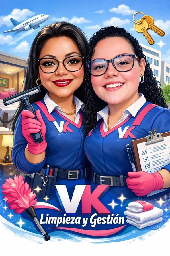 Dos limpiadores uniformados sosteniendo una fregona y un portapapeles, con un avión y un edificio de oficinas de fondo, logotipo “VK Limpieza y Gestión”.