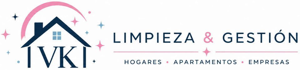 Logo de limpieza y gesti&oacute;n VIKI, con casa azul y texto rosa y gris sobre fondo blanco.