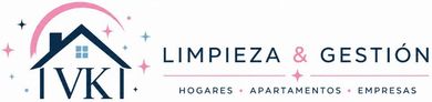 Logo de limpieza y gesti&oacute;n VIKI, con casa azul y texto rosa y gris sobre fondo blanco.