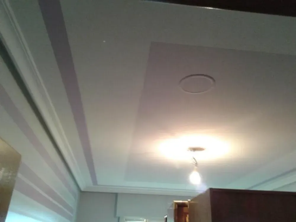 Techo blanco con rayas, insertos y artefactos de iluminación.