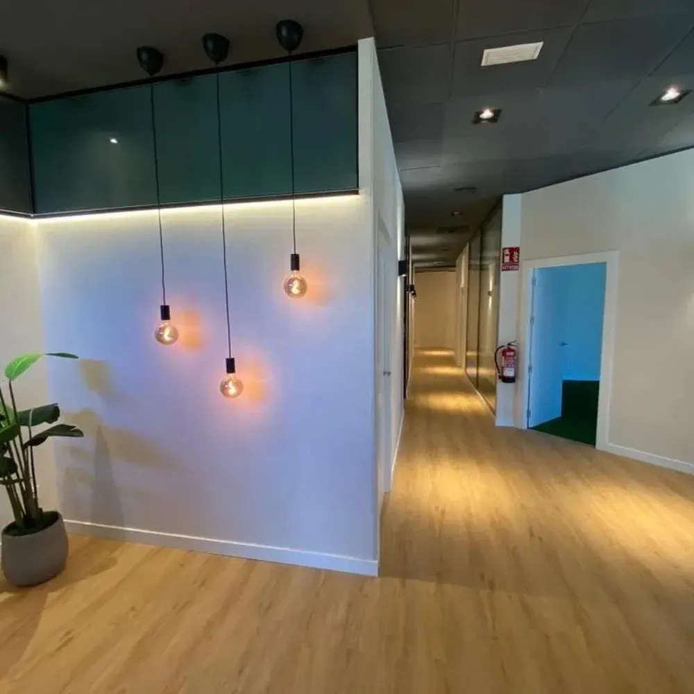 Interior de oficina moderno con luces colgantes, un pasillo y una planta en maceta.