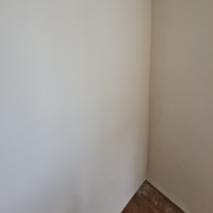 Un rincón de una habitación con una pared blanca y un suelo de madera.