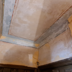 Un rincón de una habitación con un techo y una puerta.