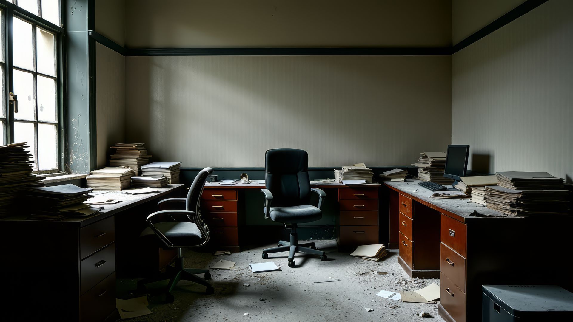 Bureau abandonné avec bureaux, chaises, papiers éparpillés sur le sol et lumière provenant des fenêtres à gauche.