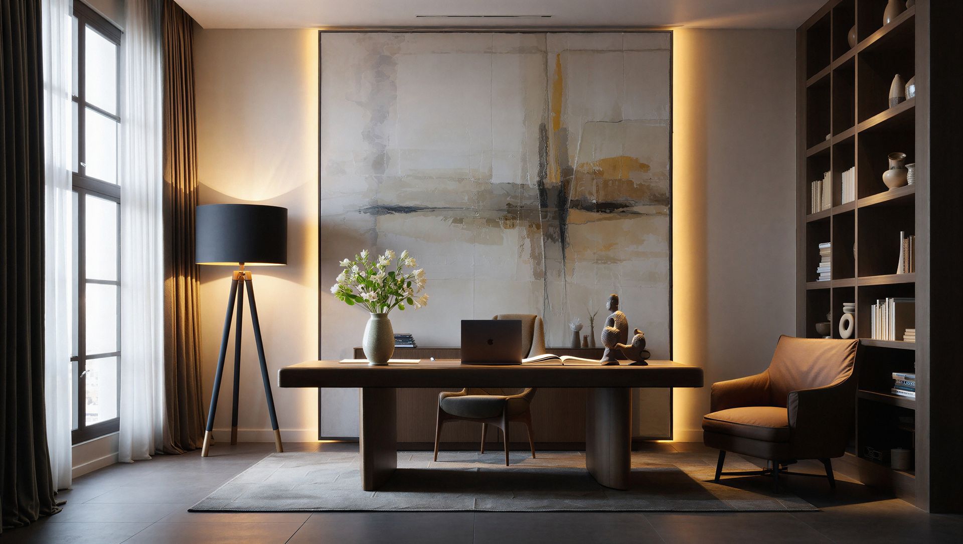 Bureau moderne avec un bureau en bois, une grande toile abstraite, un lampadaire et des étagères intégrées.