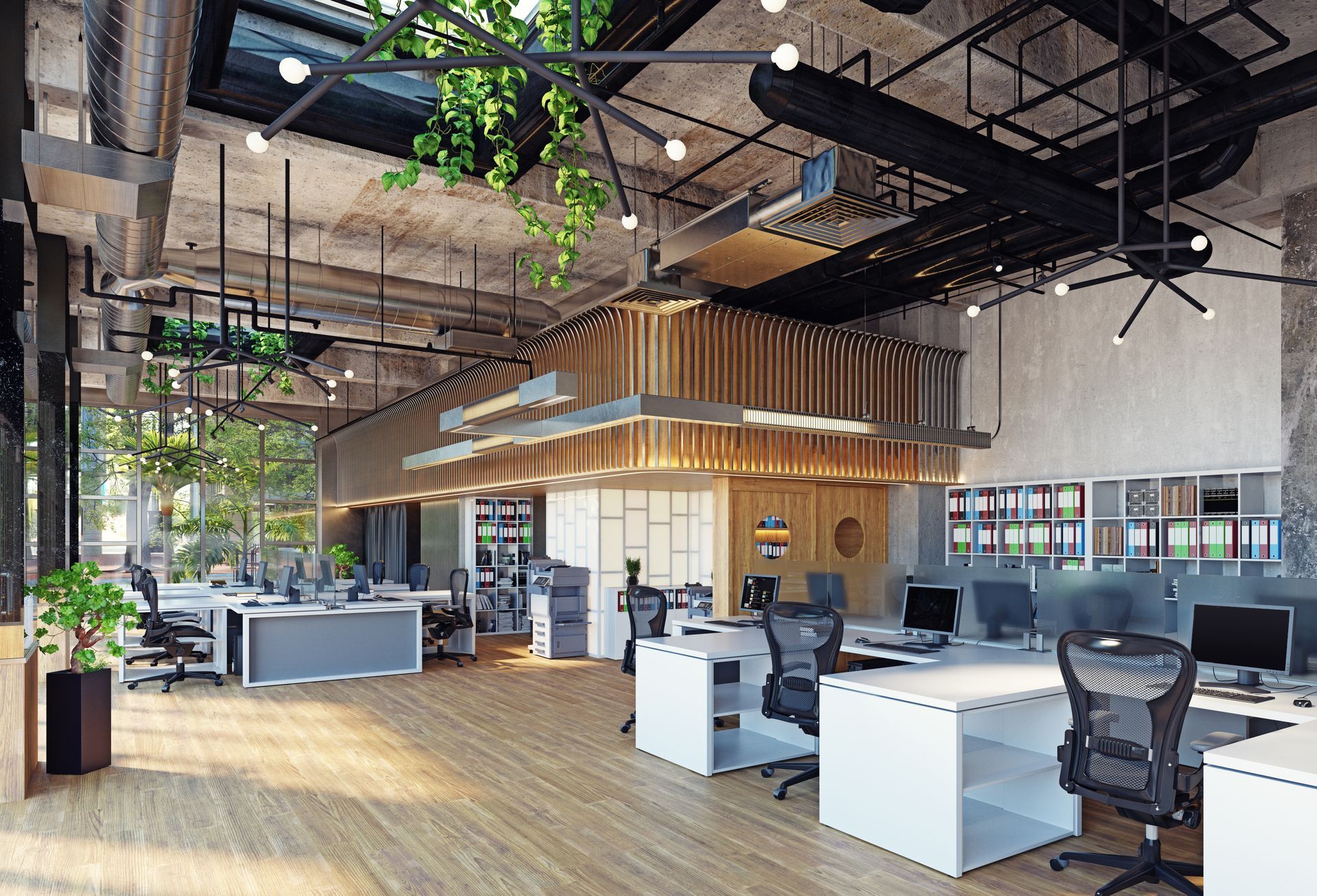 Bureau moderne à aire ouverte avec bureaux, chaises, plantes et plafond en bois dans un espace industriel lumineux