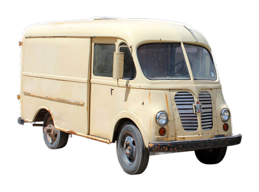 Camionnette de livraison vintage couleur crème avec vitres avant et latérales arrondies, isolée sur fond blanc