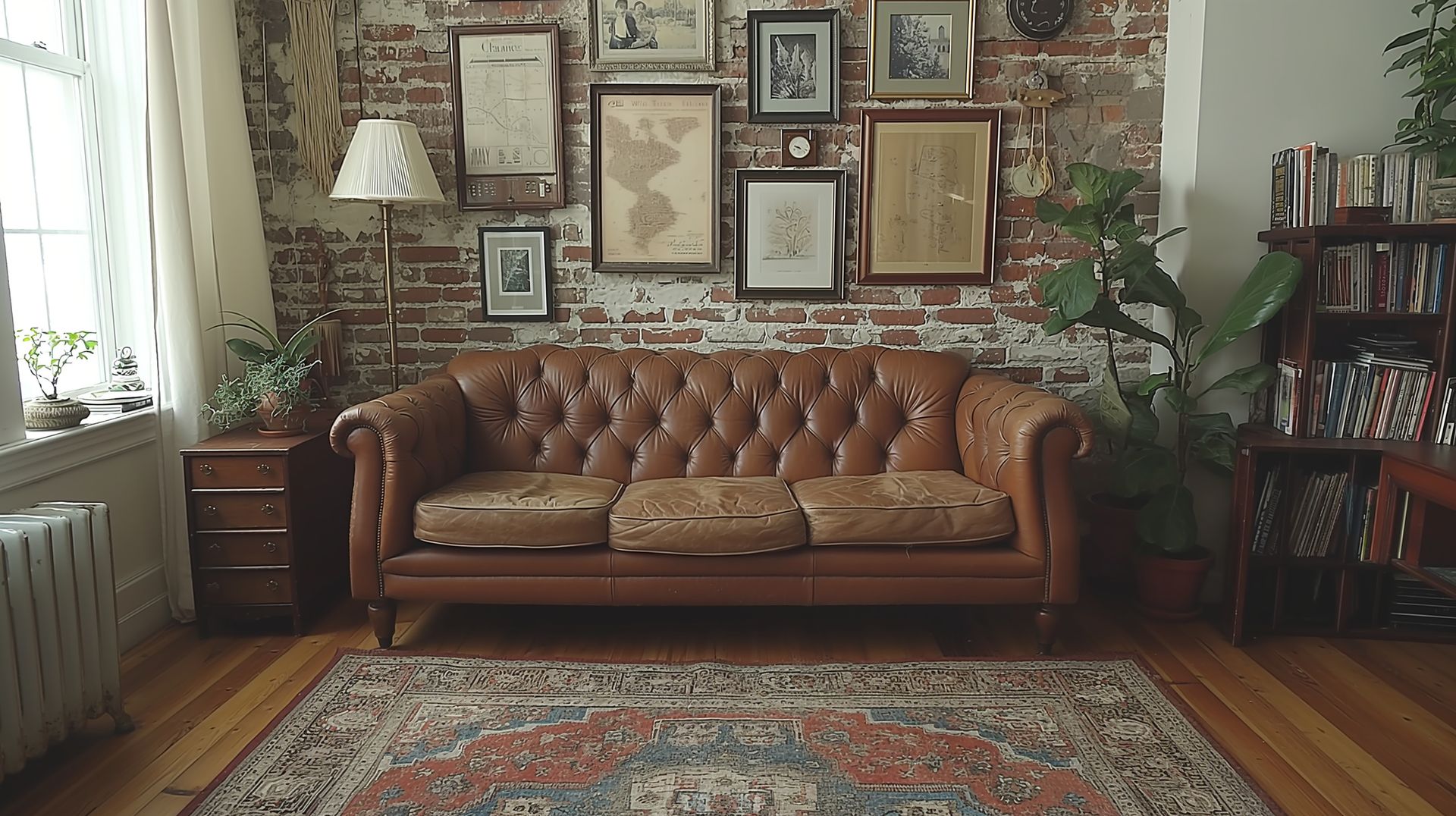 Salon confortable avec un canapé en cuir marron, un tapis à motifs, des tableaux encadrés, des étagères et une grande plante verte.