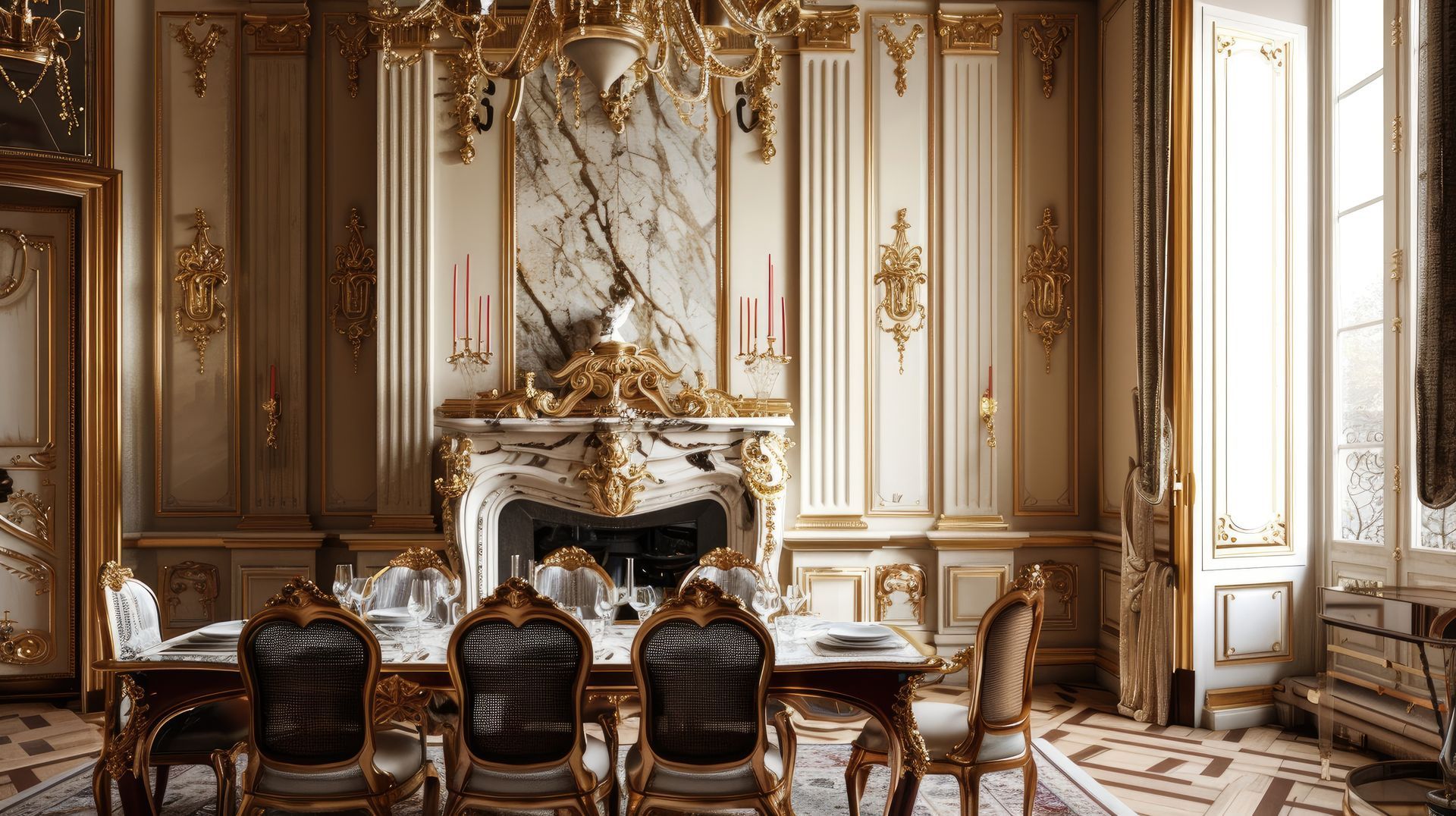 Élégante salle à manger dorée avec cheminée en marbre, chaises capitonnées et hautes fenêtres laissant entrer la lumière du jour.
