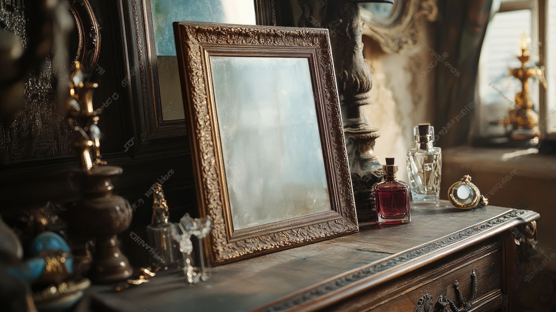 Commode sculptée avec un grand miroir encadré, des flacons de parfum et une petite horloge dans une chambre vintage