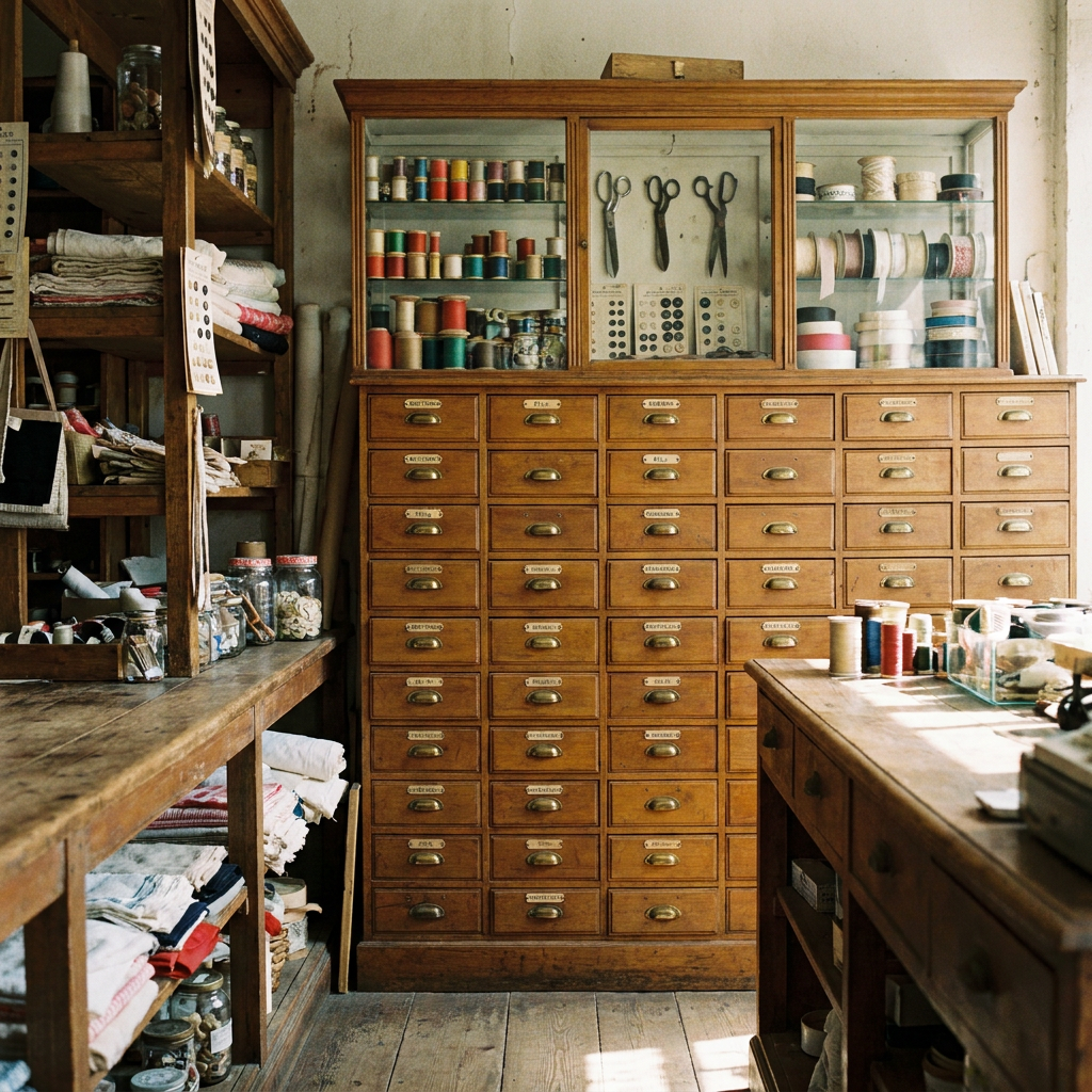 Atelier de loisirs avec armoire vitrée replis de ciseaux, de fils et de rubans colorés et de plusieurs tiroirs