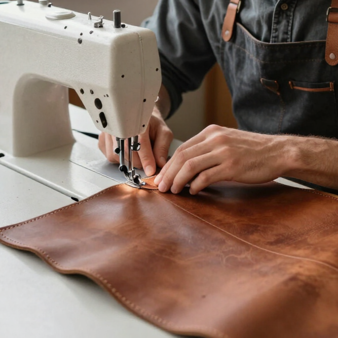 Personne cousant du cuir marron sur une machine à coudre blanche dans un atelier