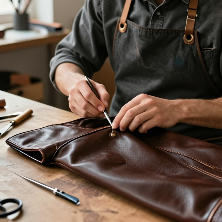 Personne cousant un sac en cuir marron sur un établi, avec des outils à proximité