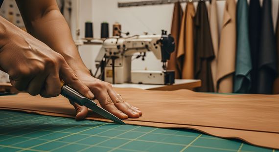 Des mains découpent du cuir beige avec des ciseaux sur un tapis de découpe, dans un atelier où des machines à coudre sont visibles en arrière-plan