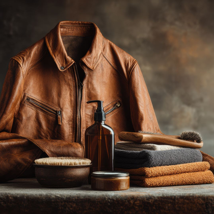 Veste en cuir marron, avec des produits de soin et des serviettes pliées sur une table rustique