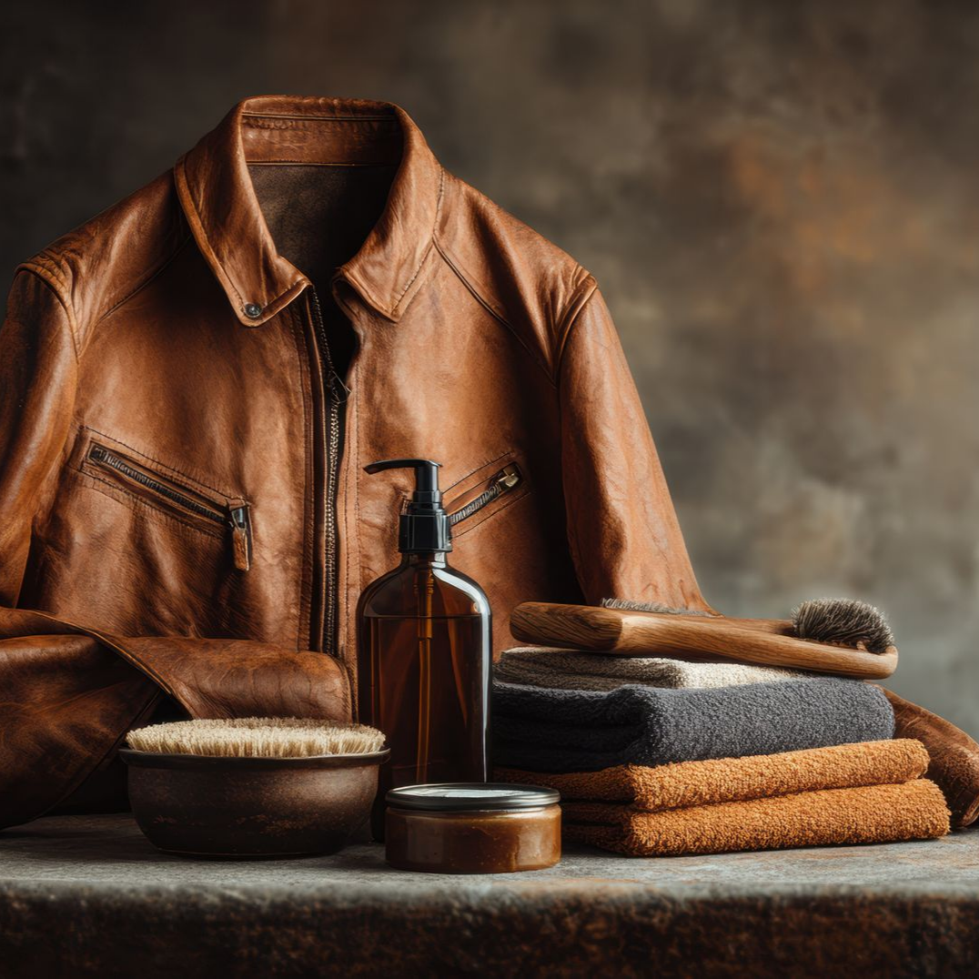 Veste en cuir marron avec des produits de soin et des serviettes pliées sur une table rustique