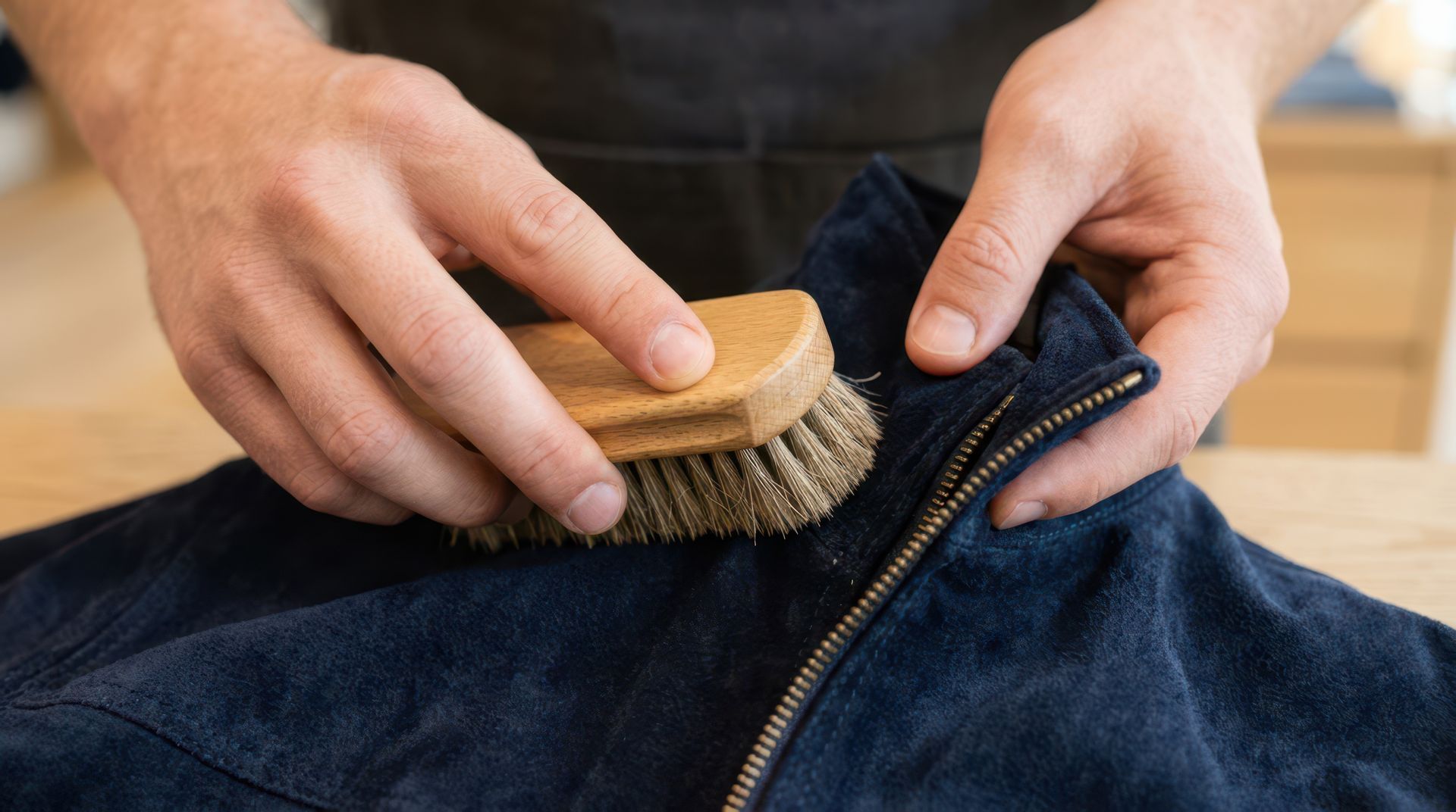 Des mains qui époussettent un veste bleu en daim avec une petite brosse en bois